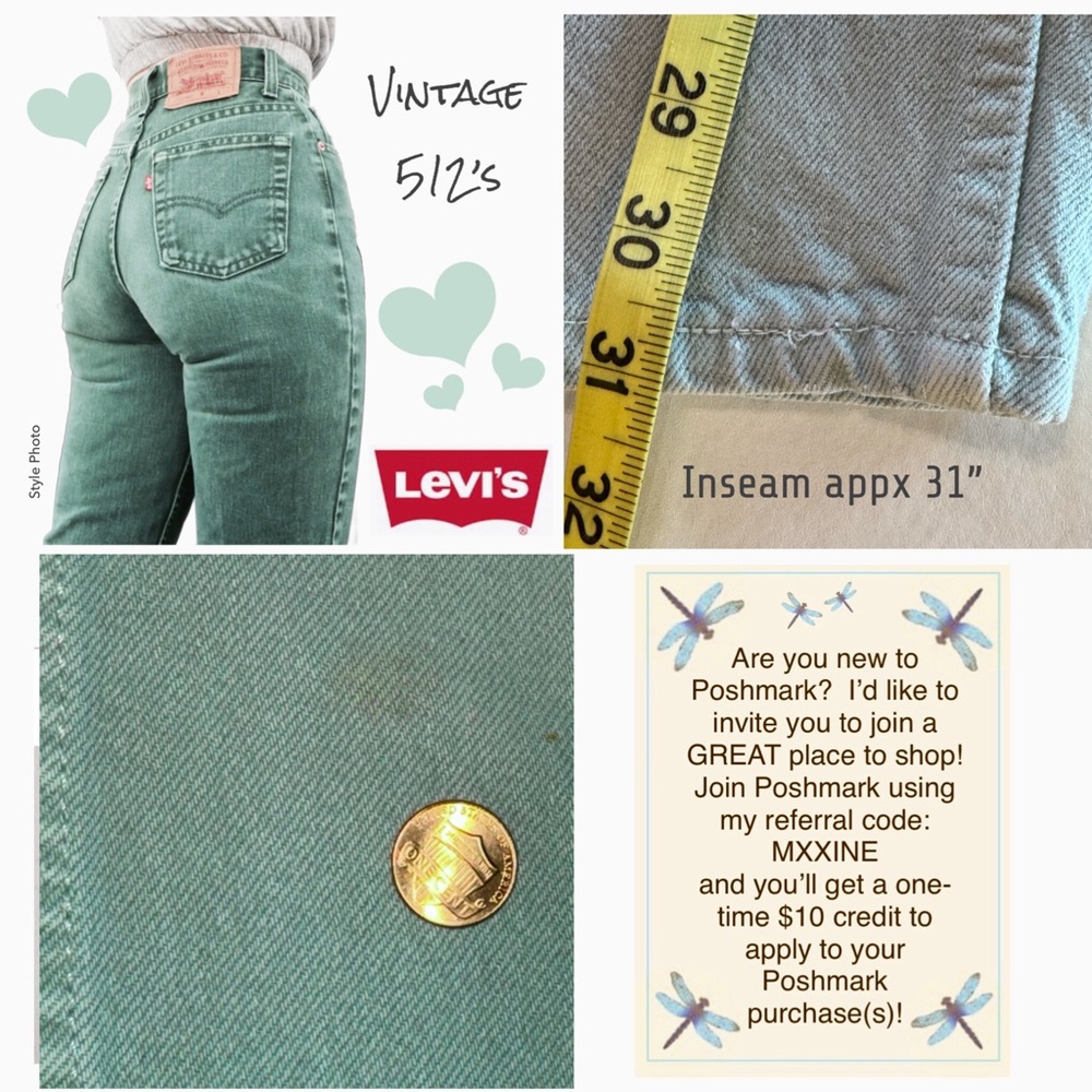 ‘93 Vintage LEVI’s 512 Slim Fit High-Rise Tapered Leg Green Jeans (W25/26 L31) - Picture 16 of 17
